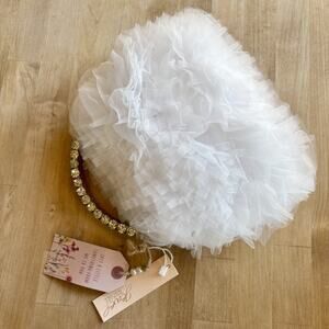 Badgley Mischka Jewel Jazzie Layered Tulle Pouch Clutch White Ruffled Handbag